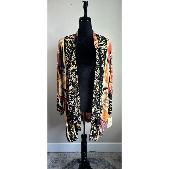 NWT A.K.F. Women's Cut Butter Yellow Rust Abstract Botanical Print Kimono Size M - Picture 1 of 10